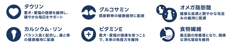 タウリン:愛犬・愛猫の健康を維持し、健やかな毎日をサポート、グルコサミン:関節軟骨の健康維持に配慮。オメガ脂肪酸:健康な皮膚と艶やかな毛並みの維持に配慮。カルシウム・リン:バランス良く配合し、歯と骨の健康維持に配慮。ビタミンE:愛犬・愛猫の健康を保つことで、本来の免疫力を維持。食物繊維:善玉菌の栄養源となり、健康な消化吸収を維持